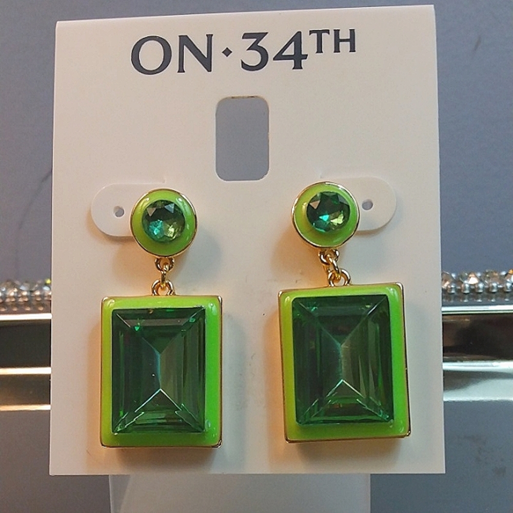 Green and Gold rectangle dangle earrings. NWT